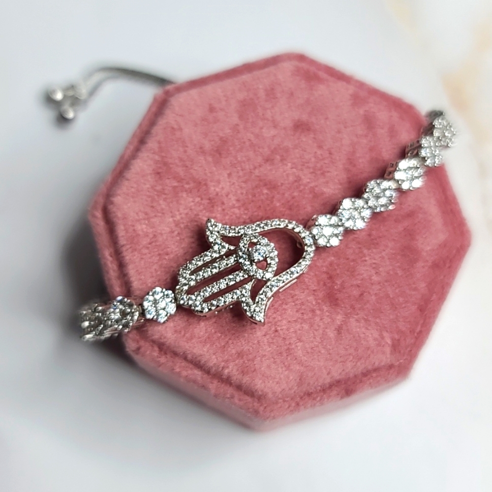 Lariat sterling silver Hamsa hand bracelet
